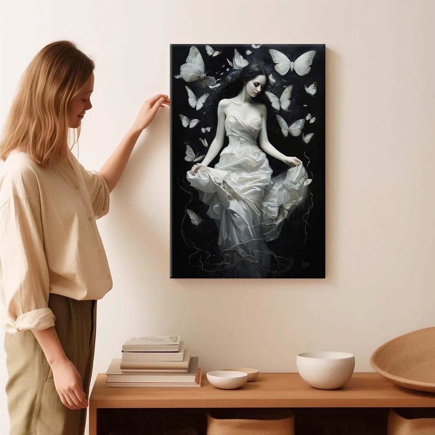 Vintage Gothic Feminine Canvas Wall Art Print Butterfly Poster Moody Preppy Wall Art Dark College Decor for Home Bedroom8x12in Wood Framed