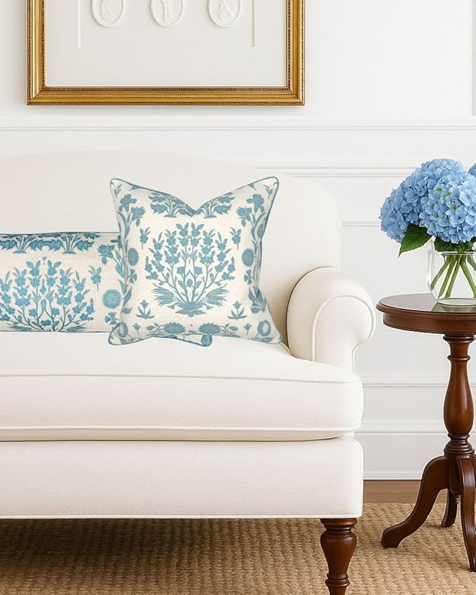 Jillien Harbor “The Charlotte” Bright Sky Blue Floral Block Print Pillow Cover – Off-White Decorative Throw Pillow Cover – Grandmillennial Home Decor, 20" x 20"