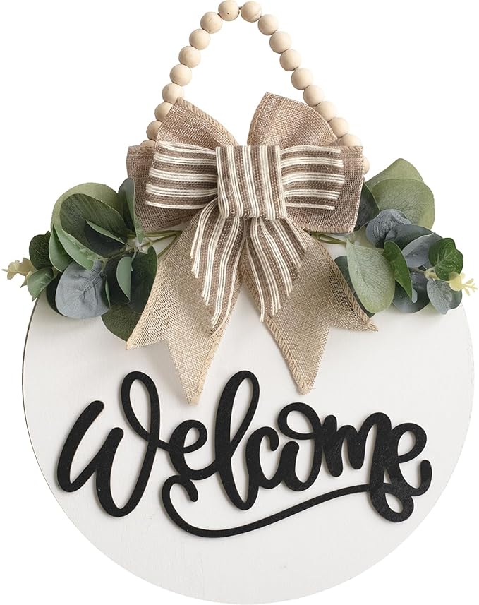 Welcome Sign for Front Door Wreath Decorations for All Seasons Front Porch Decor Hanging Gift for Farmhuose Home Outdoor Indoor (White-Welcome)
