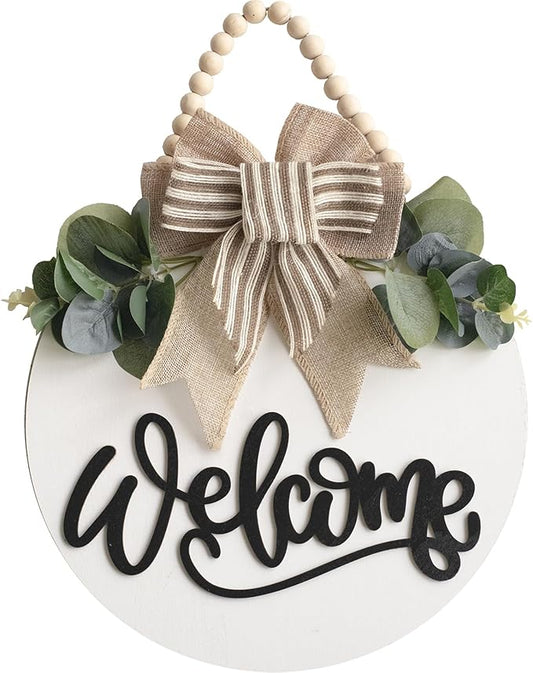 Welcome Sign for Front Door Wreath Decorations for All Seasons Front Porch Decor Hanging Gift for Farmhuose Home Outdoor Indoor (White-Welcome)