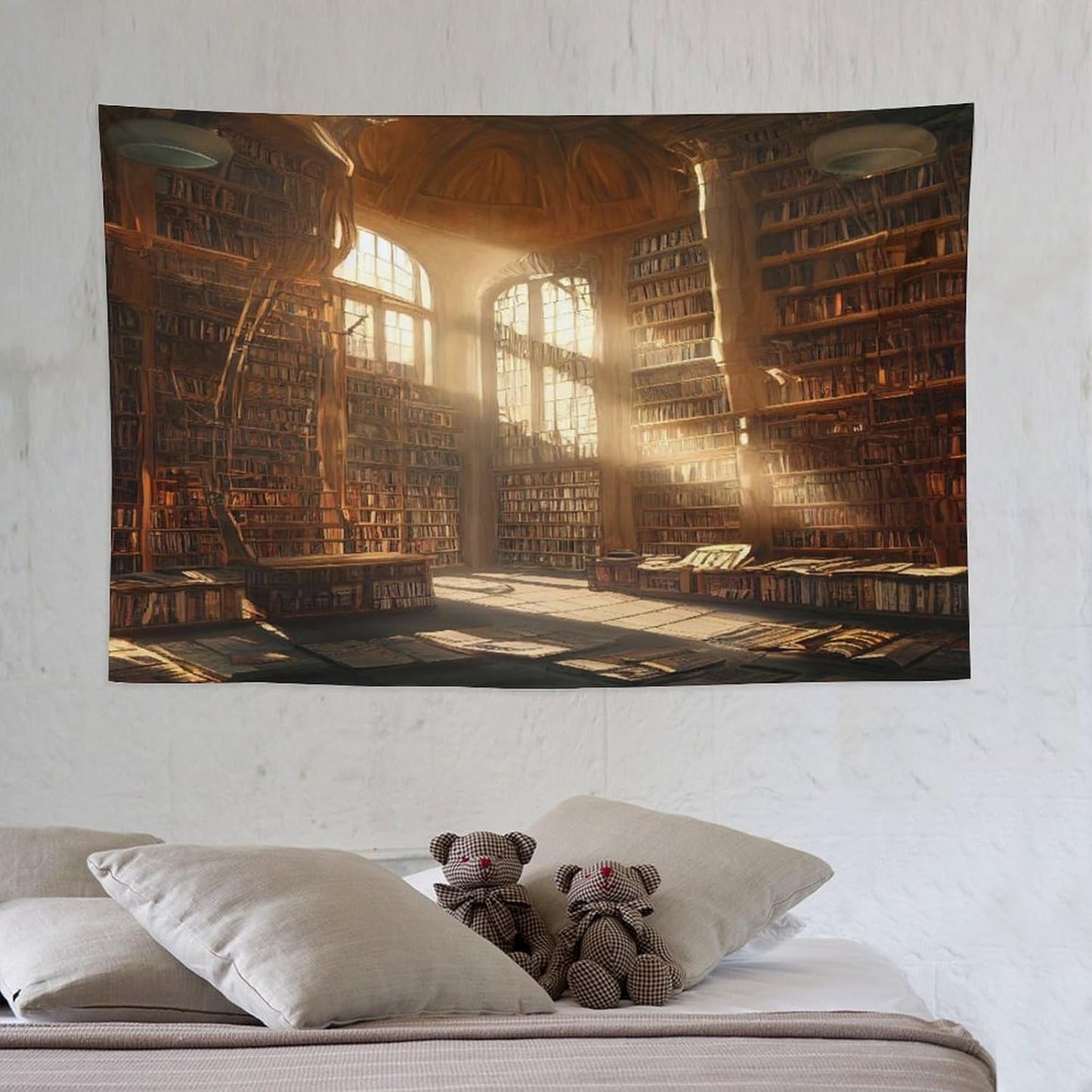 Kurtect Retro Bookshelf Tapestry,Medieval Mid Century Library Building Pattern Print Tapestries for Party Beach Picnic Blankets Tablecloths Living Room Wall Deocr, 40x60 in