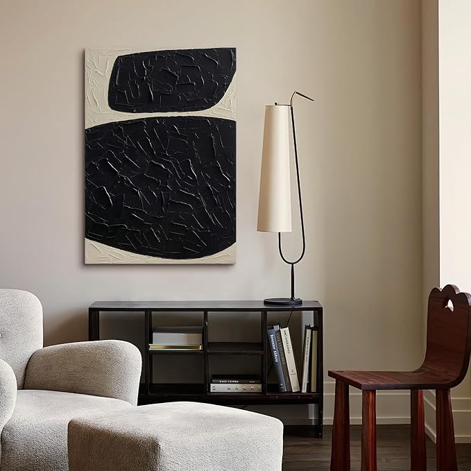Large Modern Black Abstract Wall Art, Thick‑Texture Oil Painting Wall Decor | 28x40 In Minimalist Hand‑Painted Canvas Artwork for Living Room Bedroom Office, Original Neutral Vertical Wall Art Home Decor