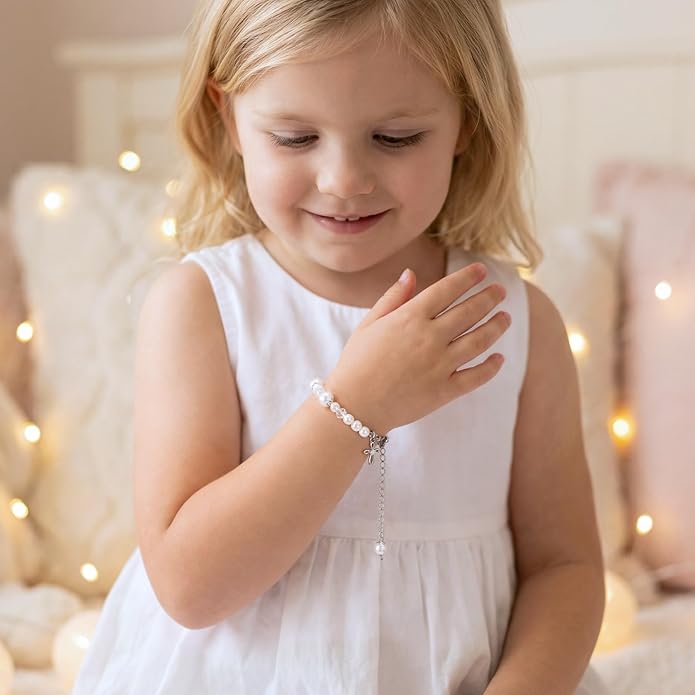 NORBU S925 Cross Bracelet for Girls, Sterling Silver Baby Baptism Cross Pearl Bracelet with Keepsake Box, Baptism Gifts for Girls, First Communion Baby Dedication Gifts for Newborn Catholic Easter Christening Gift