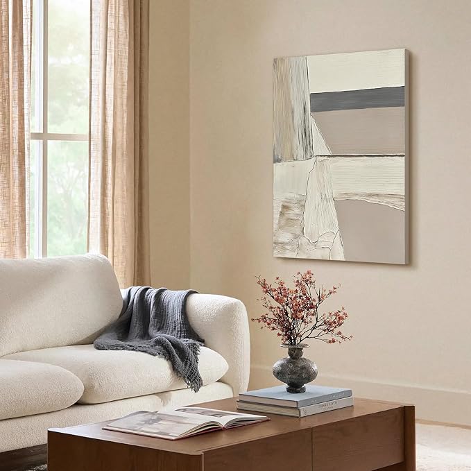 Abstract Canvas Wall Art, 24x36" Hand Painted Original Neutral Oil Painting | Textured White Beige Gray Layered Composition Modern Vertical Wall Decor for Living Room Bedroom Office Framed Ready to Hang