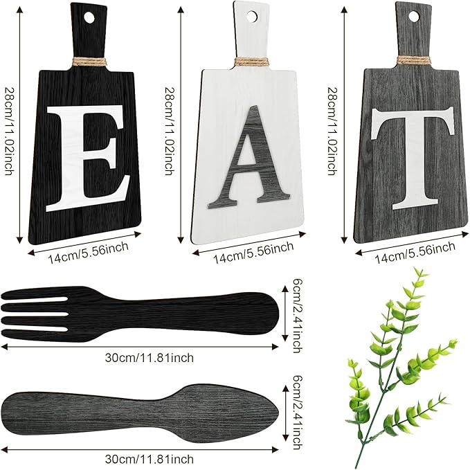 Jetec Cutting Board Eat Sign Set Hanging Art Kitchen Eat Sign Farmhouse Fork and Spoon Wall Decor Rustic Primitive Country Kitchen Decor for Home over Cabinet Decoration(Black, White, Gray)