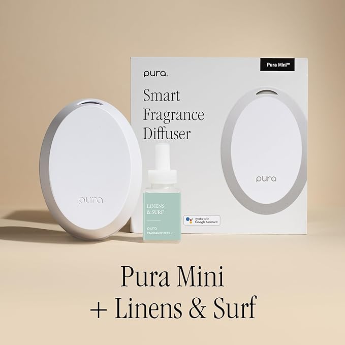 Pura Mini Smart Fragrance Diffuser for Small Spaces Adjustable Smart Home Device with LED Light & Automatic Vial Detection - Includes 1 Scent Refill - Linens & Surf
