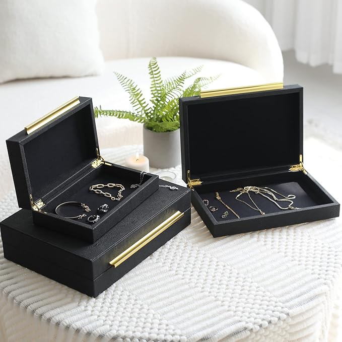 DECOR4SEASON Faux Shagreen Decorative Storage Boxes – Set of 3 Stackable Jewelry Organizers with Gold Metal Handles & Velvet Lining, Modern Black Box for Vanity, Entryway & Coffee Table Décor