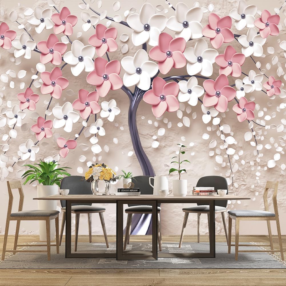 3D Relief Abstraction Pink Flowers Tree Mural Bedroom Floral Wallpaper Room Decor Living Room tv Background Large Wall Mural - 137"x96" (Not Peel and Stick)