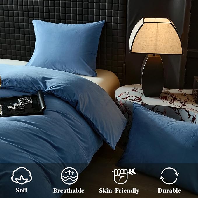 WARMDERN Light Blue Flannel Velvet Duvet Cover Queen Size Duvet Cover Bedding Sets, 3pcs Ultra Soft Luxury Textured Modern Crystal Velvet Duvet Covers with Zipper Closure(Light Blue, Queen)