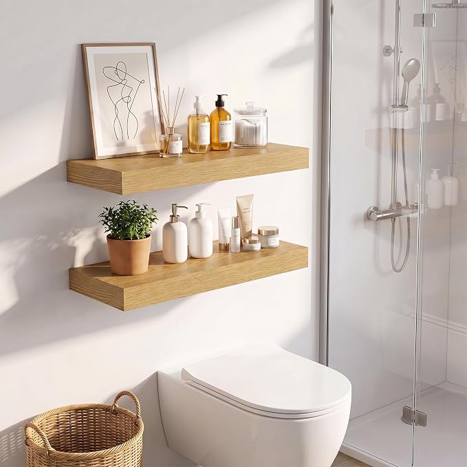 Vivelove Wall Floating Shelves for Display with Invisible Brackets, 24 inch Floating Shelves for Bedroom Bathroom Living Room Kitchen Office, 24”X 8" X 1.4", Set of 2 - Oak