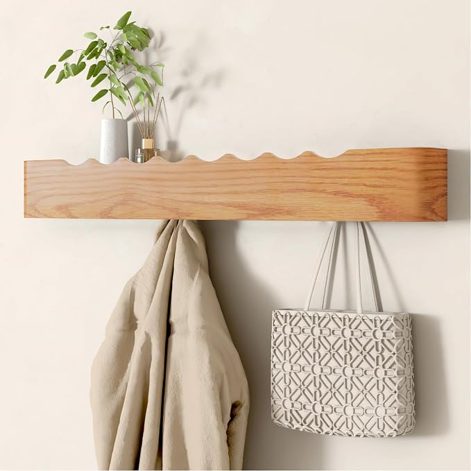 Wall Mounted Coat Rack with Shelf, Wooden Entryway Organizer with Hidden Metal Hooks for Hanging Coats Bags Keys, Modern Floating Shelf for Hallway Bathroom