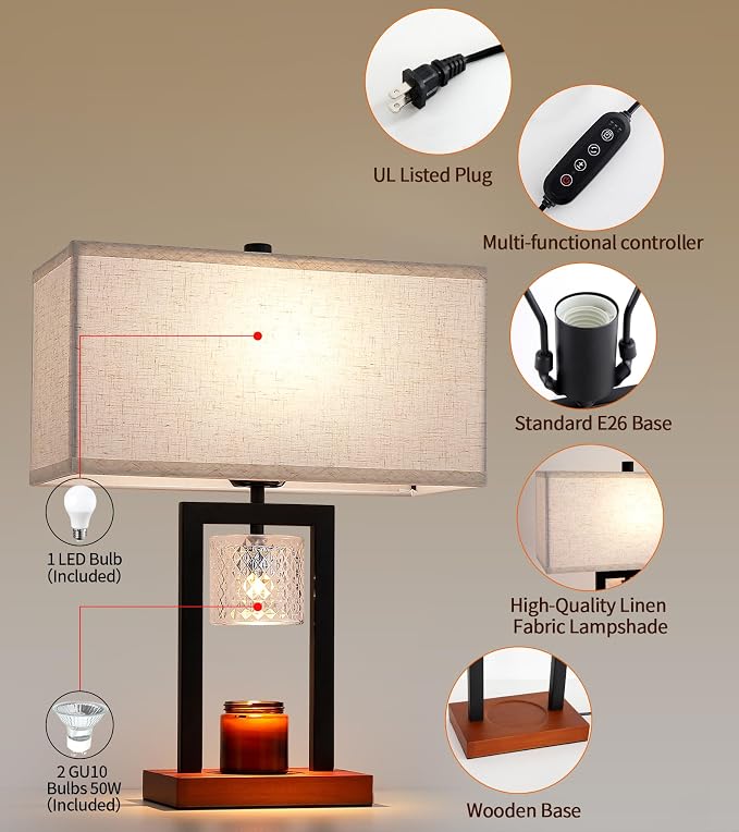 2-in-1 Table Lamp Candle Warmer Lamp with Timer & Dimmer,Modern Wax Melt Warmer for Jar Candles New Home Decor Bedroom Living Room,Birthday Gifts for Mom Women L15*W7.1*H19” Bulbs Included