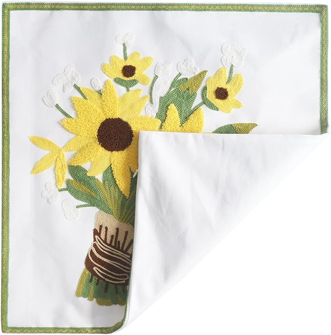 Embroidery Throw Pillow Covers Yellow Floral 18x18 Inch Decorative Cushion Case Tied Sunflowers 100% Cotton Home Decor Embroidered 45x45cm Tied Sunflowers Design, 1 Piece