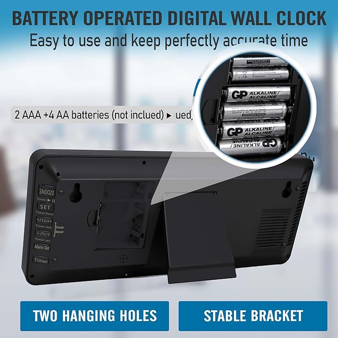 TXL 14.2"" Large Digital Wall Clock Battery Operated, Digital Clock Large display with Day, Date & Temperature, Large wall clock for Bedroom, Livingroom, Office，Battery Included, Black
