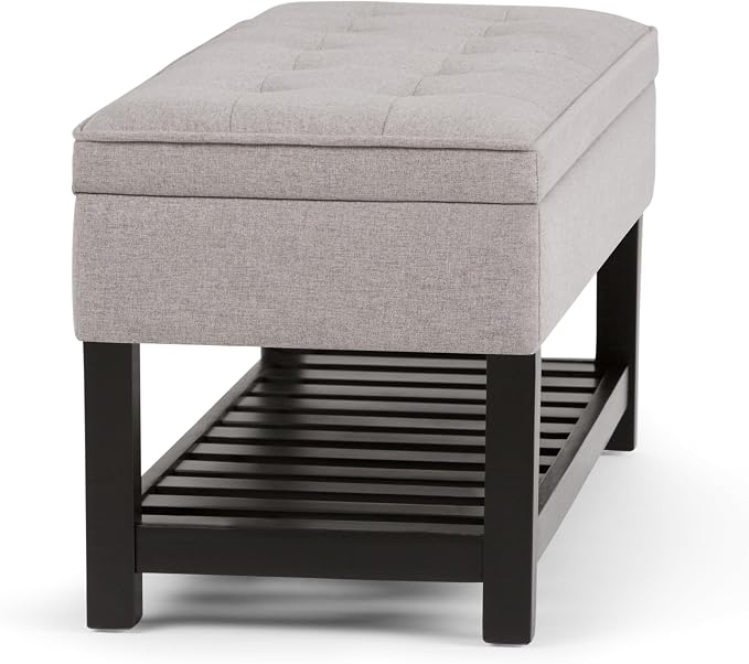SIMPLIHOME Cosmopolitan Storage Ottoman Bench - 44 inch Wide Upholstered Linen Look Fabric Rectangle Storage Ottoman in Cloud Grey, Transitional Bench for Bedroom with Tufted Lift-Top and Open Shelf