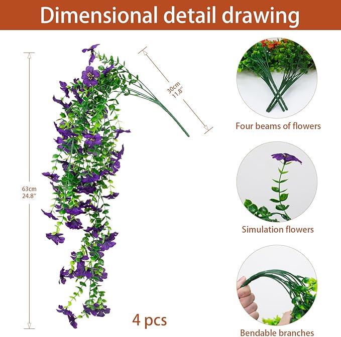 LikSoor 4 Pcs Artificial Outdoor Hanging Plants Spring Summer Decoration UV Resistant Faux Silk Flowers for Outside, Garden, Porch, Window, Home Decor (Purple+)