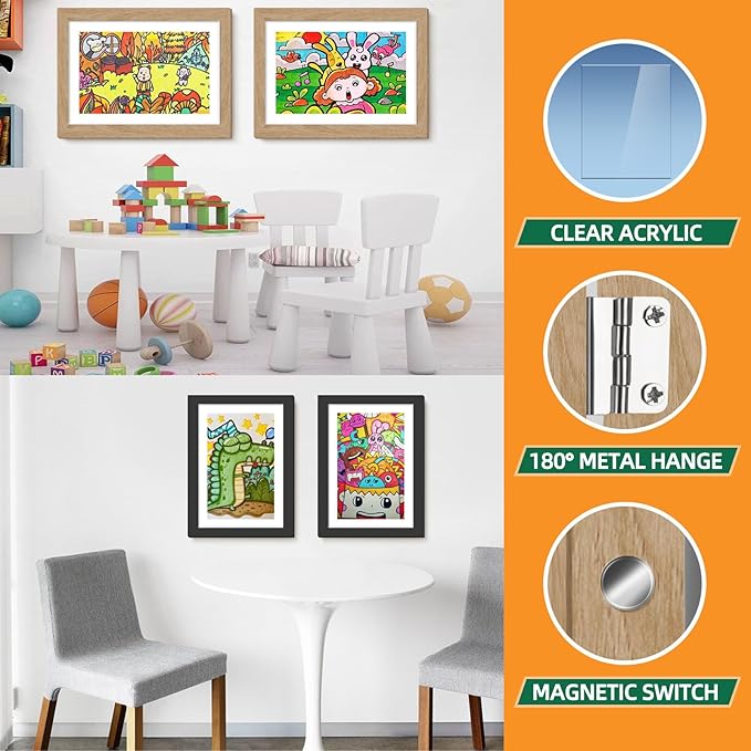 4 Pack Kids Art Frames 8.5x11 Inch Kids Artwork Flip Frame Changeable for Picture Display, Children School Drawing Projects Storage, Horizontally Vertically Wall Hanging, Front Opening, Wood