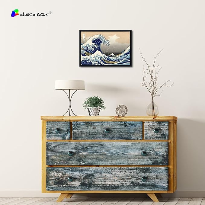 Wieco Art Framed Wall Art Canvas Prints Ocean Beach Picture Paintings for Home Office Decorations Wall Decor Great Wave of Kanagawa Katsushika Hokusai Modern Landscape Sea Artwork