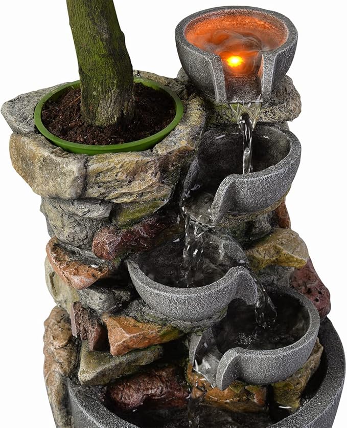 Haobos Indoor Fountain 4-Bowl Rockery Soothing Sound Tabletop Fountains Home/Office Decor Gift for Mom,Mother Day Present with A Small Plastic Pot to Grow Plant/Hebs By Yourself (Automatic Watering)