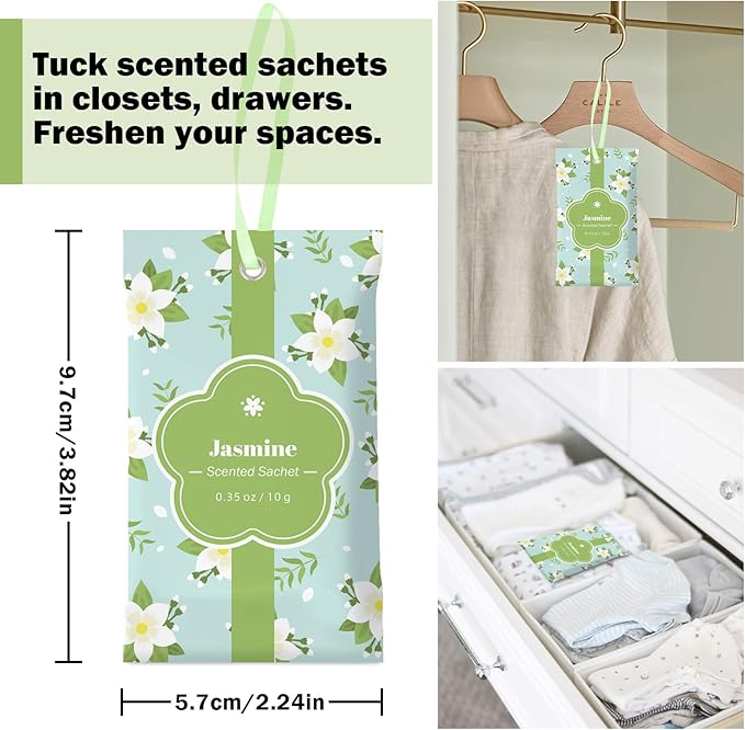 SCENTORINI Scented Sachets for Drawers and Closets, Jasmine Scent 14 Pack, Long-Lasting Sachets Bags Wardrobe Freshener for Cupboard, Shoecase, Gym Bags, Suitcases