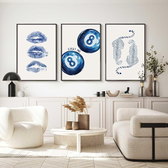 Leopard Wall Art Cheetah Canvas Prints Trendy 8 Ball Wall Decor Preppy Aesthetic Poster Lucky Leopard Pictures Funky Painting Navy Kiss Artwork for Bedroom Living Room 16x24 Inch Unframed Set of 3