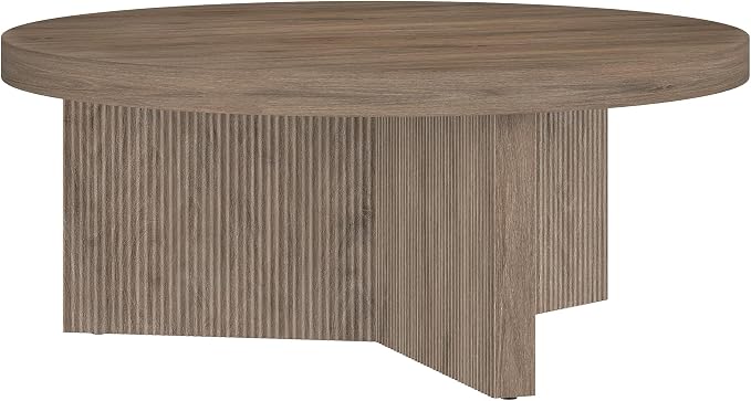 Henn&Hart 36" Fluted Round Low-Profile Coffee Table with Ribbed Pedestal Base for Living Room, Family Room, or Office, Weathered Gray