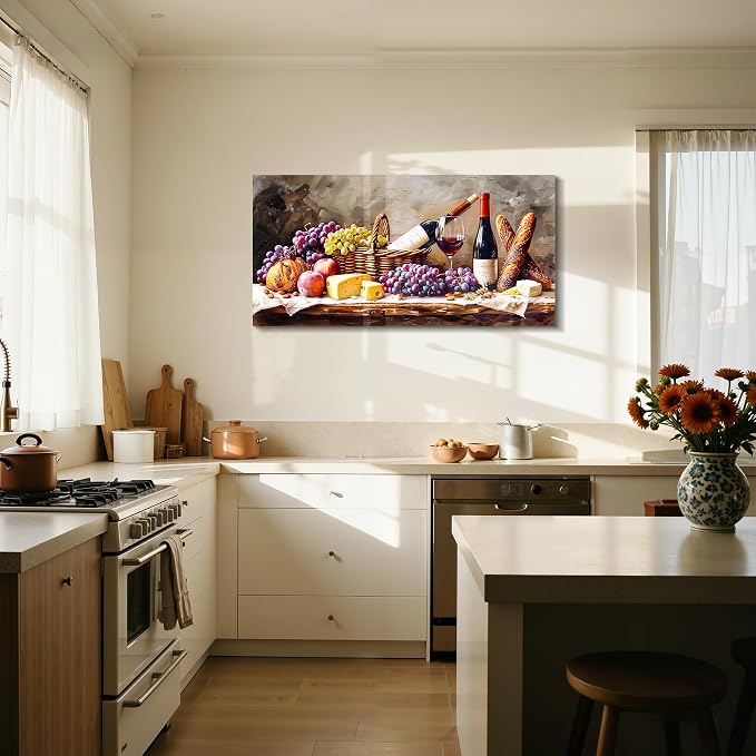 imjiayu Large Wall Art, Kitchen Wall Art, Wine Pictures Wall Decor, Framed Rustic Oil Painting Style Canvas Print, Grape Cheese Bread Still Life Wall Decor, Vintage Dining Room Home Bar Cafe Wall Art, 20"x40"