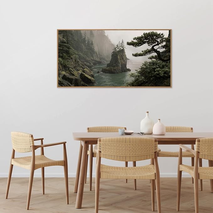 Rantodecor Coastal Forest Framed Canvas Wall Art, Pacific Northwest Coast landscape Wall Decor, Nature PNW Mountain Sea Art Paintings, Sage Green Pine Artwork for Bedroom Living Room Office 40"x20"