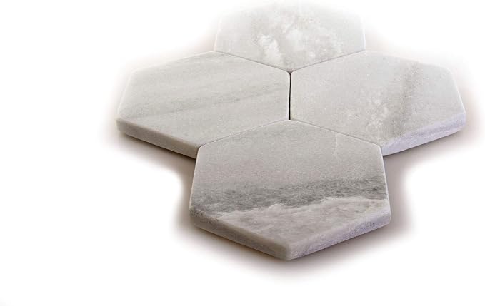 Coaster Set, Premium Marble Coasters, Double-Polished Multi-Functional Drink Coasters, 100% Natural Marble Stone (4, White & Grey Marble - Hexagon)