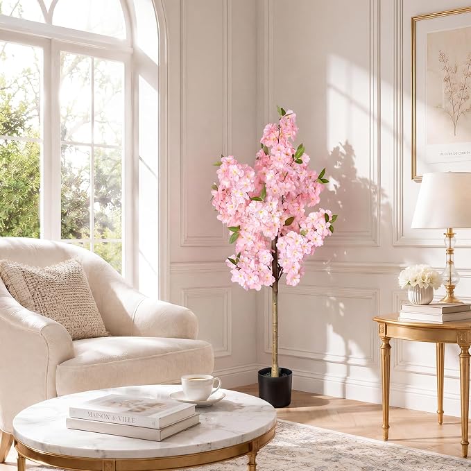 Set of 2 Artificial Cherry Blossom Trees 4FT, Faux Pink Sakura Blossom Flower Tree with Secure Heat-Fused Petals & Base, Realistic Potted Fake Plants for Home Office Wedding Indoor Decor