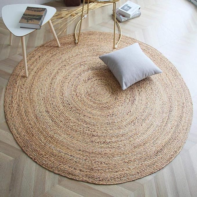 100% Jute Round Area Rug - 5 Feet, Natural Fibers, Braided Design, Hand Woven Carpet - Home Decor for Living Room, Hallways, Bedroom
