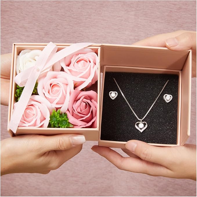 WDS WONDROUS Preserved Rose Jewelry Gift Set for Women, Forever Rose Flower with Heart Necklace & Earrings for Valentine's Day Anniversary Birthday Gift for Her