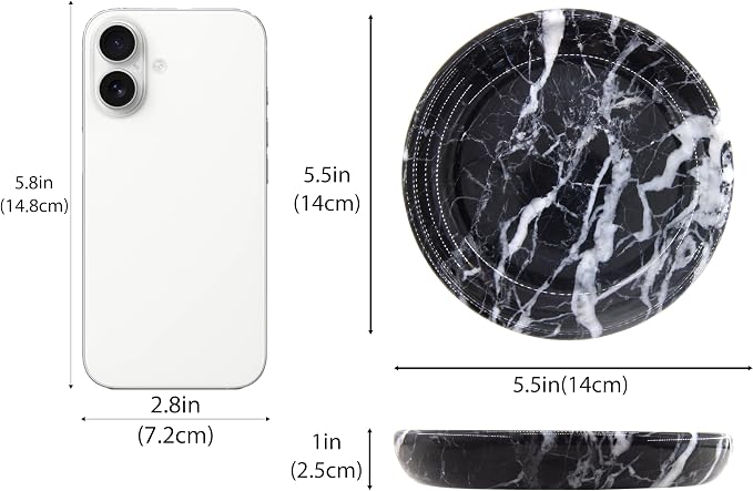 Small Natural Marble Jewelry Tray Key Plate Holder Dish Trinket Decor Catch All Bowl for Ring Earring Stone Gift for Women Daugther,Black,5.5"