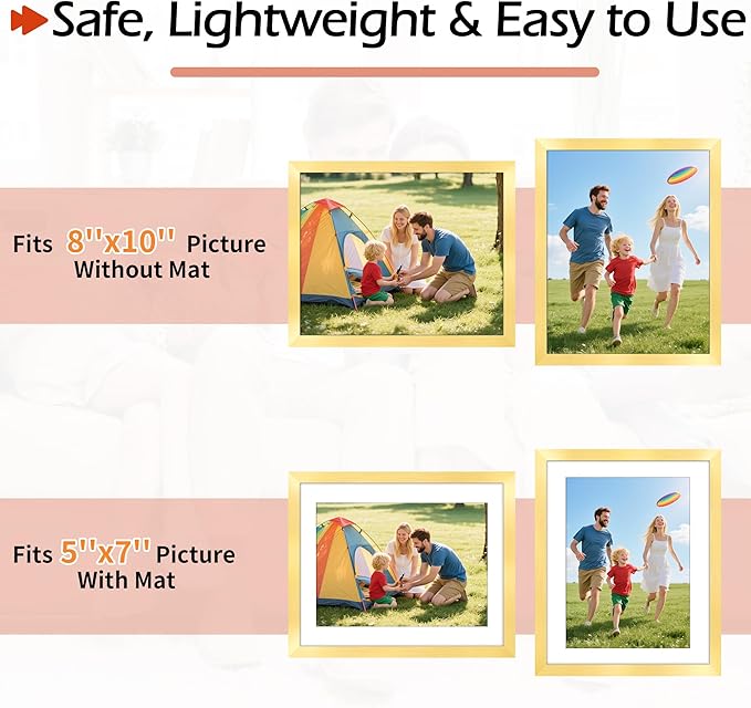 8x10 Picture Frame Set of 8, Gold Photo Frames for Tabletop or Wall Display, Fits Pictures 5x7 with Mat or 8x10 Without Mat, Frame Collage with HD Plexiglass for Gallery Home Wall Decor
