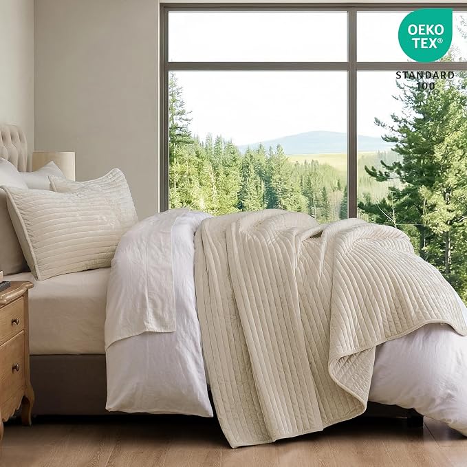 PHF Luxury Velvet Quilt Set King Size – 3PCS Ultra Soft Quilted Comforter Alternative with Striped Channel, Cozy Quilted Bedspread, 1 Coverlet with 2 Matching Shams, 108" x 92", Sand