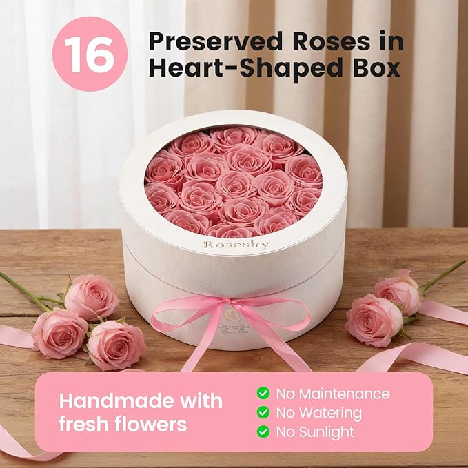 Mothers Day Flowers Roses Gifts for Mom,16pcs Pink Forever Preserved Roses in Round Gift Box,Mothers Day Delivery Prime Gifts-Roses Gifts for Women,Mom.