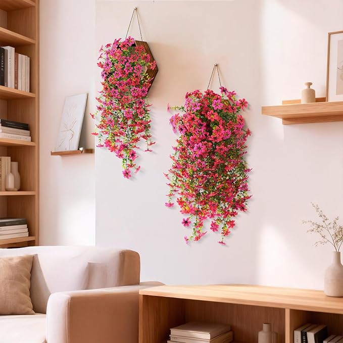 ZFProcess Artificial Hanging Flowers Plants for Outdoor Spring Summer Decoration, 2PCS Faux Silk Daisy UV Resistant Look Real for Outside Home Indoor Planter Porch Garden Yard Decor(Rose Red Fuchsia)