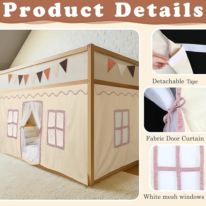 Breling 3 Panel Bunk Bed Curtains for Bottom Loft Bed Tent Set with Felt Flag Double-Layer Twin Bunk Curtains Playhouse Accessories for Boy Girl Bedroom(Cream)