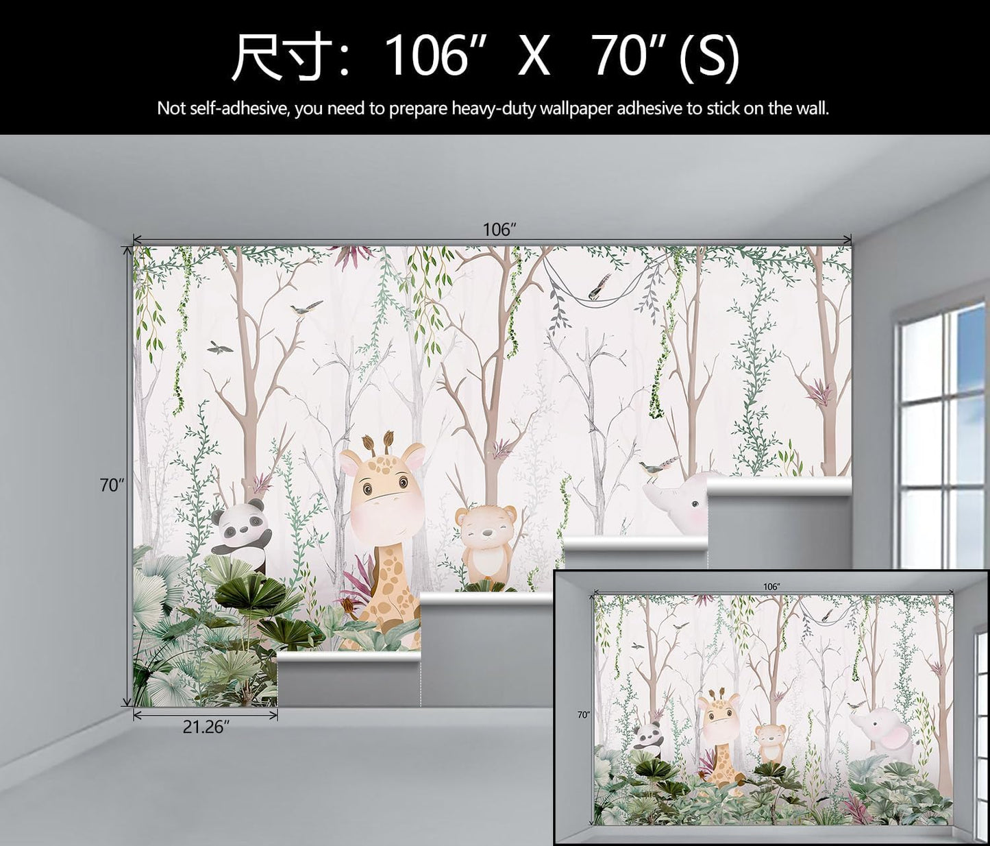 WFBHUA-Kids Tree Wallpaper Cute Animals Plants Bird Wall Decor Mural for Nursery Boys Girls Bedroom Room (Not Peel and Stick)