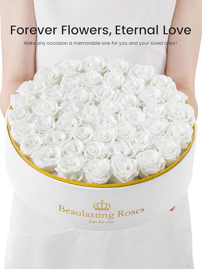 47 Preserved Roses Forever Flowers Real Roses in a Box Mother's Day Birthday Flowers for Her Mom Women Wife Valentine's Day, White Roses