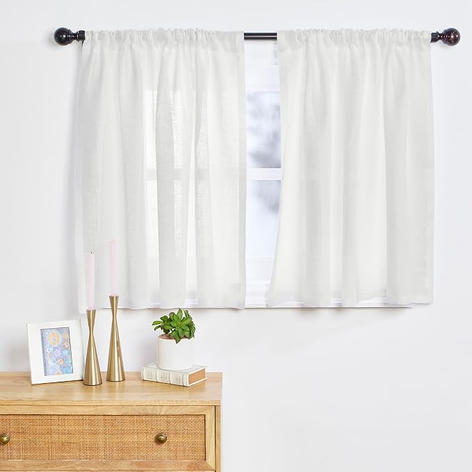 Solino Home 100% Pure Linen Sheer Curtain 18 Inches - European Flax White Kitchen Curtain 52 x 18 Inch - Light Filtering Rod Pocket Window Treatment Panel for Cafe, Bedroom, Living Room - 1 Panel