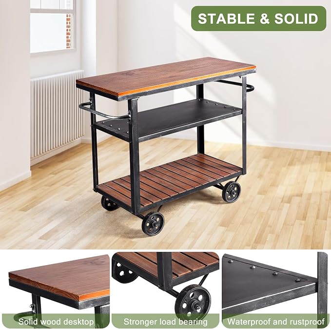 LOKKHAN Rolling Bar Cart with Handle [3 Tier] Home Kitchen Microwave Cart Island On Wheels, Mobile Serving Cart Beverage Cart, Coffee Station (Metal/Wood, Industrial Black/Rustic Brown)