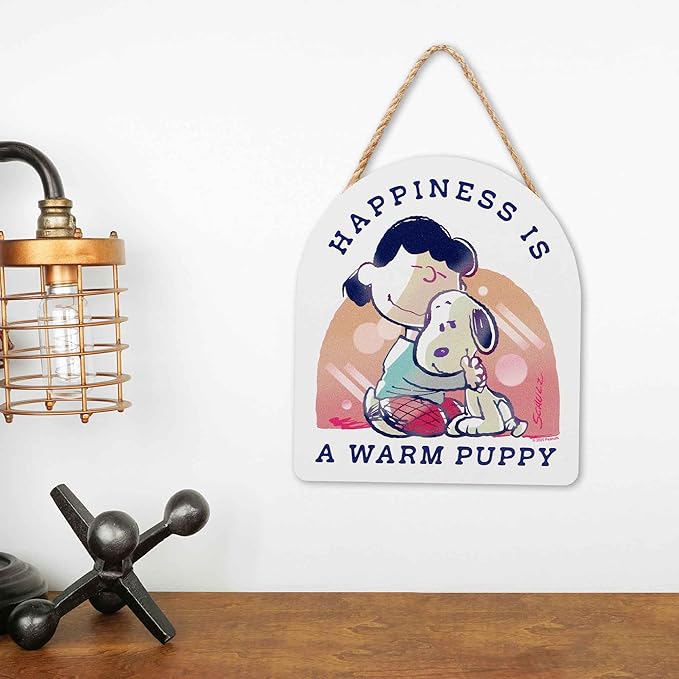 Peanuts Snoopy and Lucy Happiness is a Warm Puppy Hanging Wood Wall Decor - Cute Snoopy Sign for Home