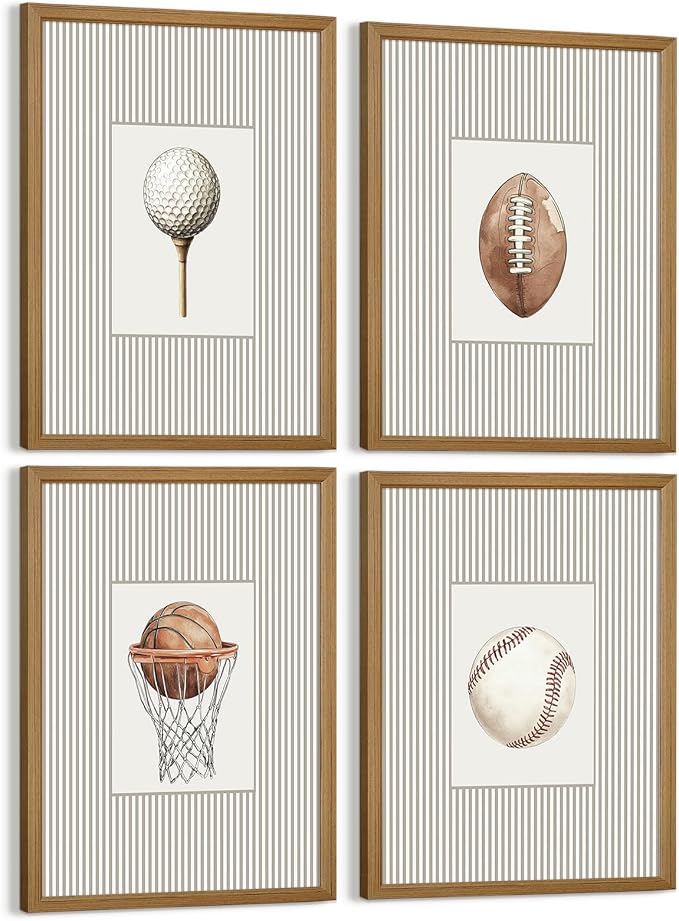 Sports Wall Art Decor Toddler Boys Room Canvas Prints Vintage Sports Nursery Wall Decor Kids Poster Football Baseball Pictures Basketball Golf Painting Artwork for Bedroom 12x16x4 Inch Wood Framed