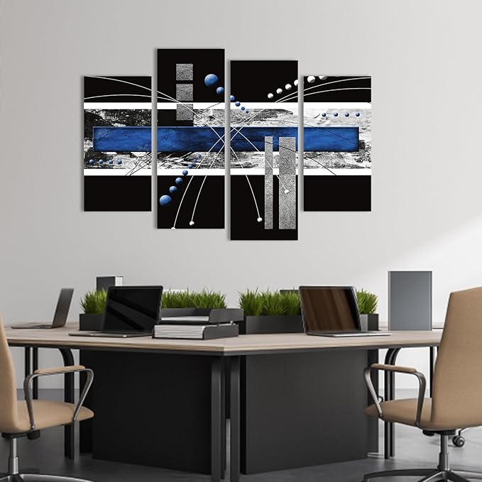 1 KINGO Black Blue Canvas Wall Art - 4 Piece Modern Abstract Painting for Office, Living Room & Bedroom Decor, Contemporary Home Art Print, Large Blue and Gray Wall Decor (16"x32"x2, 16"x 42"x2)