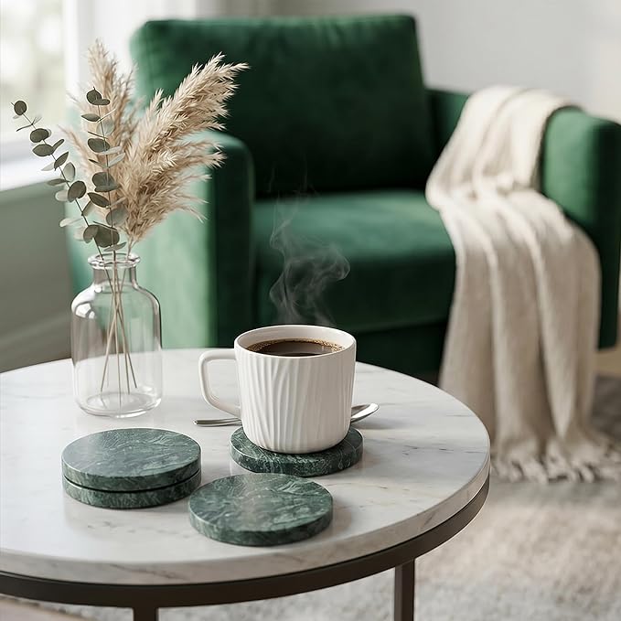 Natural Marble Coasters Set of 4-4" Round Stone Drink Coasters, Non-Slip Cork Backing, Housewarming Gift, Wedding, Protect Tables from Stains & Scratches Green (WH115)