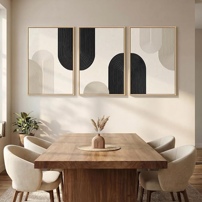 mxart Large Framed Boho Neutral Abstract Wall Art for Living Room, 3 Piece Black and Beige Canvas Prints Artwork for Walls, Modern Minimalist Boho Geometric Wall Art Decor for Hallway Dining Room, 24x36 In