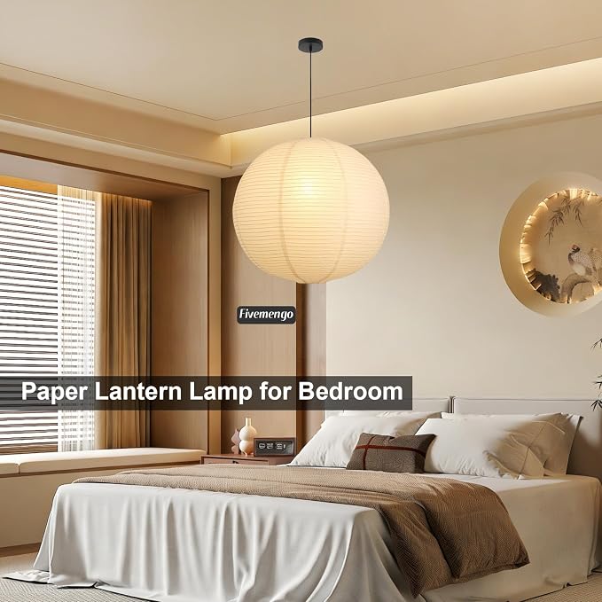 Large Paper Pendant Light with Cord and Canopy, 23.6in Off-White Rice Paper Hanging Lamp, Japanese Japandi Wabi Sabi Lantern Lamp Chandelier for Living Dining Room Bedroom Kitchen 2 Pack