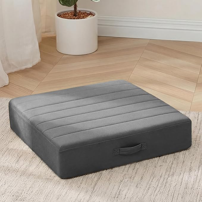 MeMoreCool Square Floor Pillow for Adults and Kids, Large Meditation Cushion with Thick Foam and Washable Tufted Cover, 24-Inch Grey Seat for Sitting and Yoga