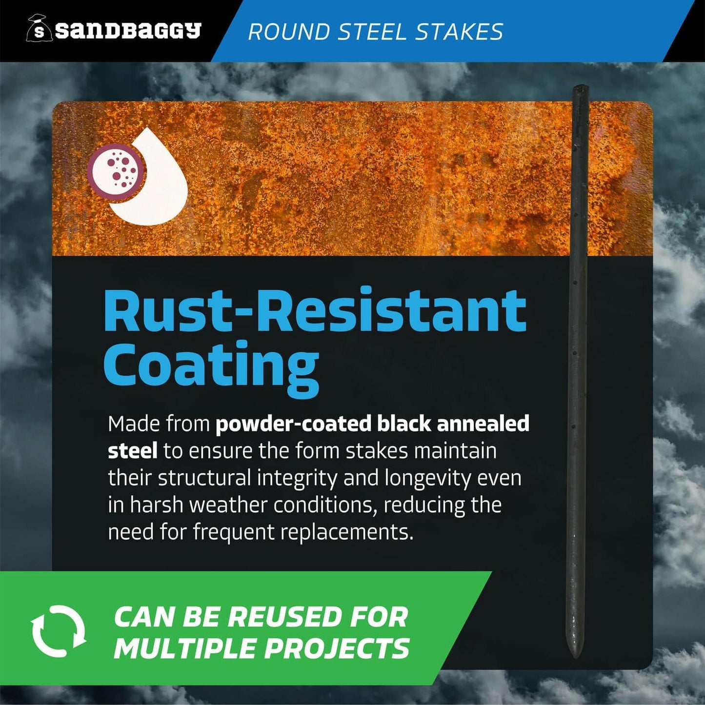 Sandbaggy Round Steel Concrete Form Stakes with Nail Holes - Rust Resistant Coating - Removable, Reusable (100, 3/4 in X 24 in)